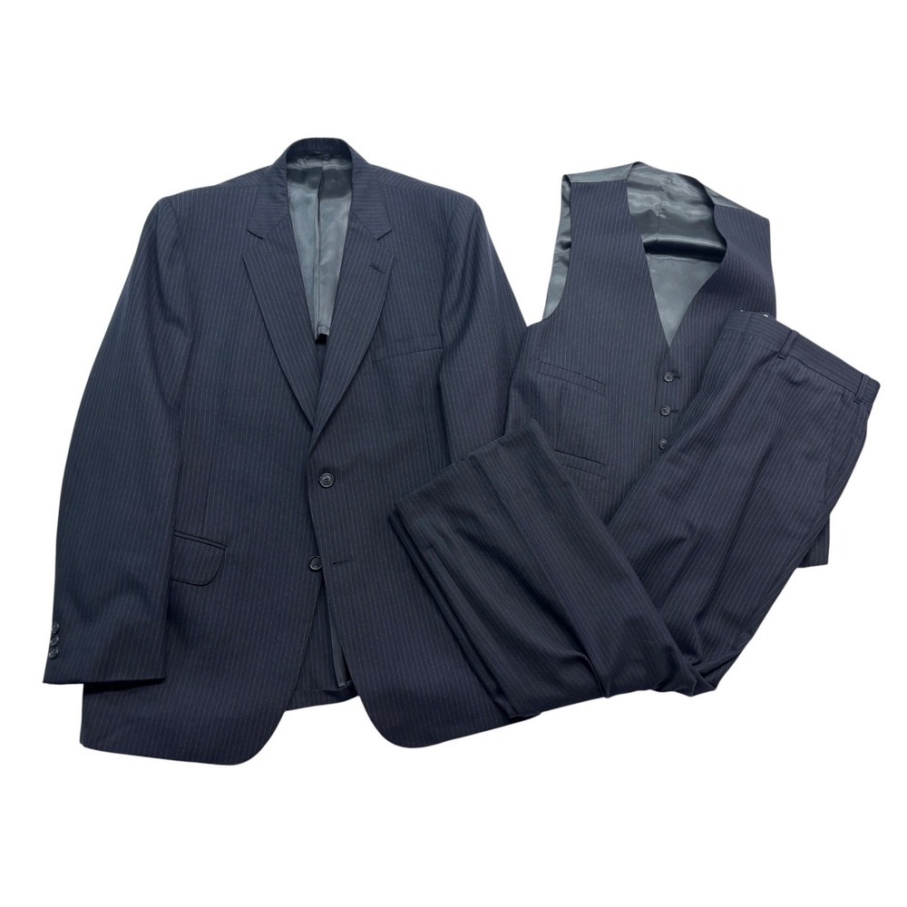 vtg JB Britton USA 44R 44L 38x29 Navy Blue Pinstripe 3pc Pant Suit Vest Wool